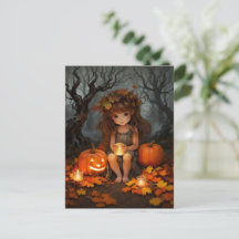 Cute Autumn Fairy in the Dark Forest
