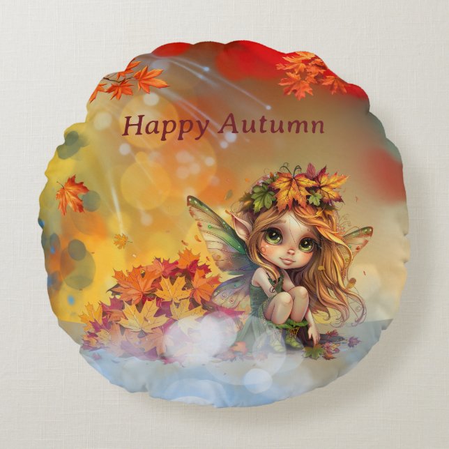 Cute Autumn Fairy with Fallen Leaves Round Pillow (Front)