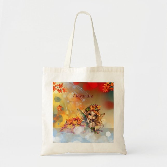 Cute Autumn Fairy with Fallen Leaves Tote Bag (Front)
