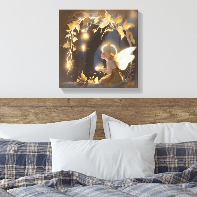 Cute Autumn Fairy with Glowing Flowers Canvas Print (Insitu(Bedroom))