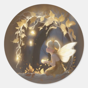 Cute Autumn Fairy with Glowing Flowers Classic Round Sticker