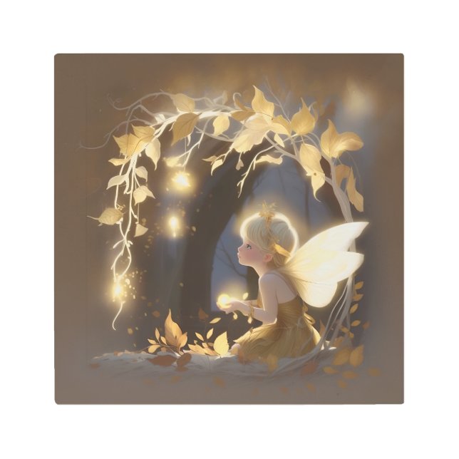 Cute Autumn Fairy with Glowing Flowers Metal Print (Front)