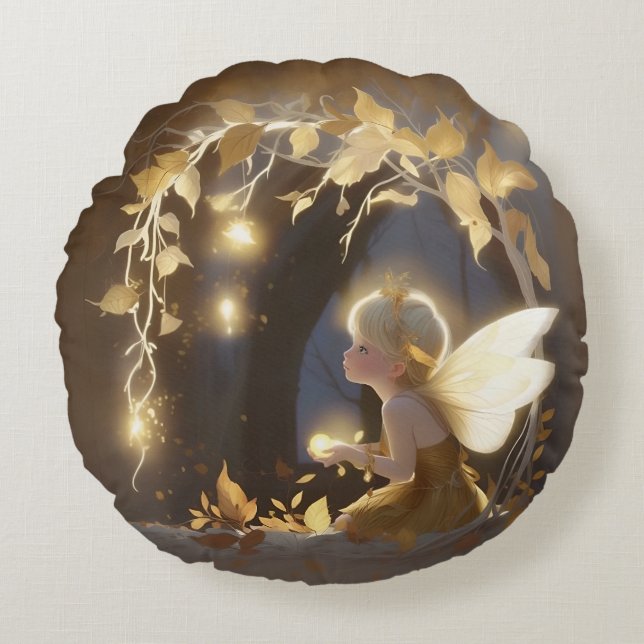 Cute Autumn Fairy with Glowing Flowers Round Pillow (Front)