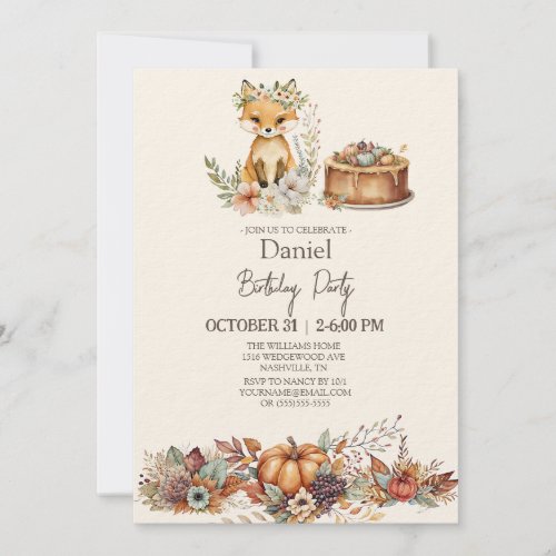 Cute autumn floral Fox Birthday Invitation