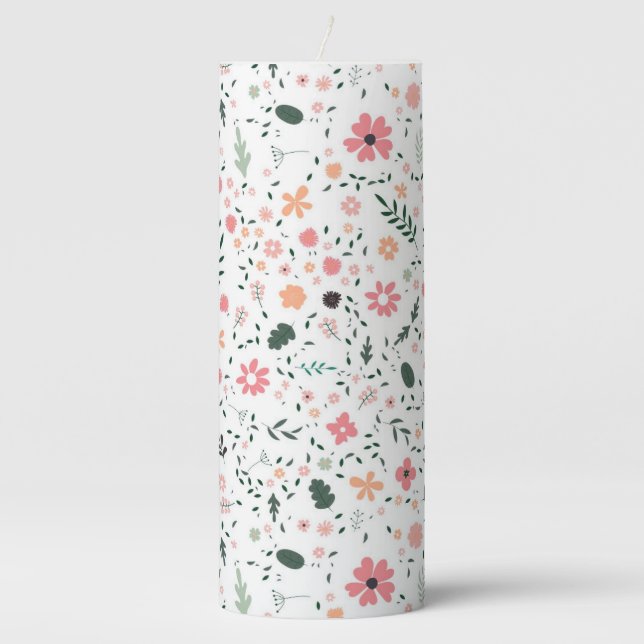 Cute Autumn Flowers Illustration Floral Pattern Pillar Candle (Front)