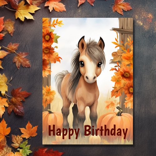 Cute Autumn Foal and Pumpkins Horse Birthday Card