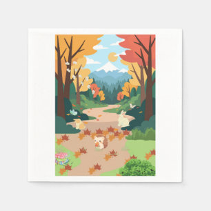 Cute Autumn Forest Animals Cozy Landscape Art Post Napkins