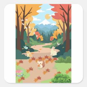 Cute Autumn Forest Animals Cozy Landscape Art Post Square Sticker