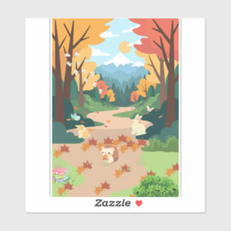 Cute Autumn Forest Animals Cozy Landscape Art Post Sticker