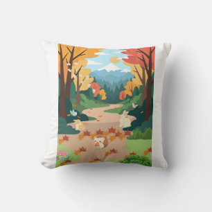 Cute Autumn Forest Animals Cozy Landscape Art Post Throw Pillow