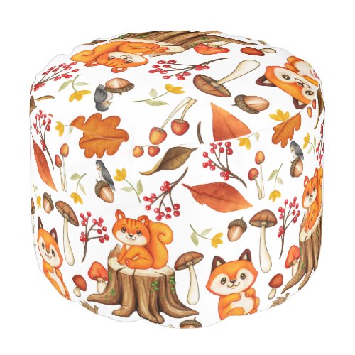 Cute Autumn Forest Baby Animals Plants Nature Pouf