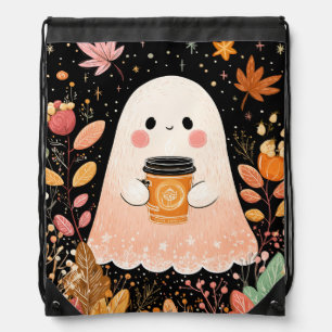 Cute Autumn Ghost with Pumpkin Coffee – Cozy Fall Drawstring Bag