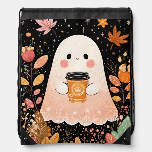 Cute Autumn Ghost with Pumpkin Coffee – Cozy Fall  Drawstring Bag (Front)
