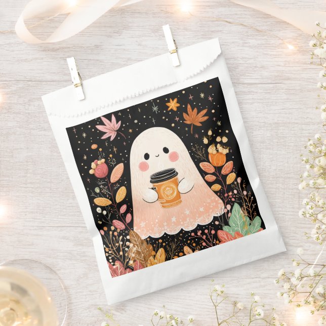 Cute Autumn Ghost with Pumpkin Coffee – Cozy Fall  Favor Bag (Clipped)