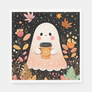 Cute Autumn Ghost with Pumpkin Coffee – Cozy Fall Napkins