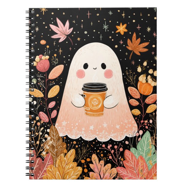 Cute Autumn Ghost with Pumpkin Coffee – Cozy Fall  Notebook (Front)