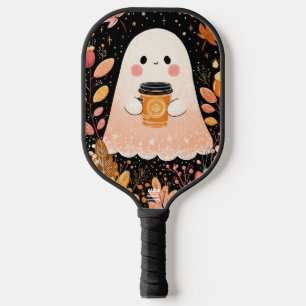 Cute Autumn Ghost with Pumpkin Coffee – Cozy Fall Pickleball Paddle
