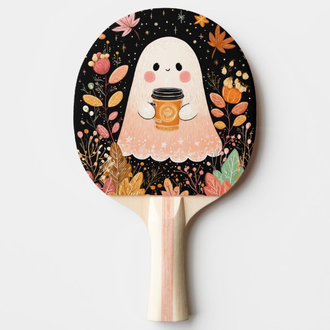 Cute Autumn Ghost with Pumpkin Coffee – Cozy Fall  Ping Pong Paddle (Front)