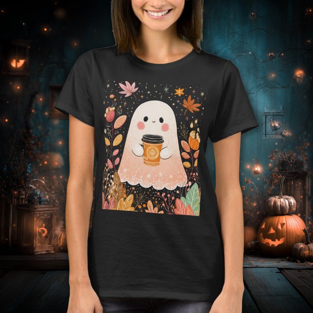 Cute Autumn Ghost with Pumpkin Coffee – Cozy Fall  T-Shirt (Creator Uploaded)