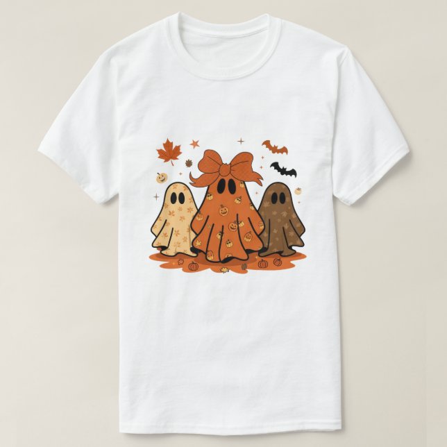 Cute Autumn Ghosts Pumpkin Pattern Orange Bow Fall T-Shirt (Design Front)