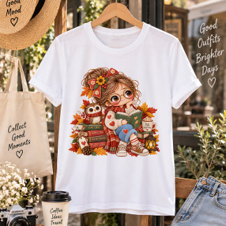 Cute Autumn Girl Reading Books Cozy Fall Illustrat Plus Size T-Shirt