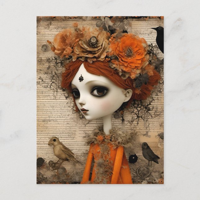 Cute Autumn Halloween Doll Collage Postcard (Front)