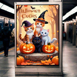 Cute Autumn Halloween Kittens in Costumes Pumpkins Poster