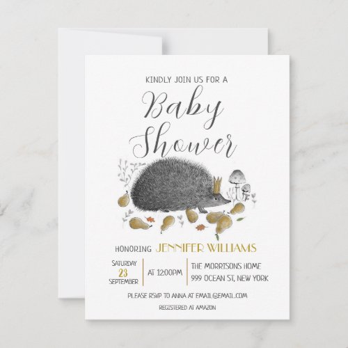 Cute Autumn Hedgehog Baby Shower White Invitation