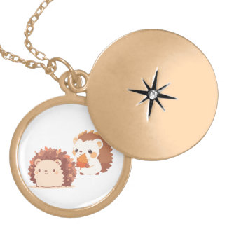 Cute Autumn Hedgehogs – Kawaii Fall Forest Animals Gold Plated Necklace