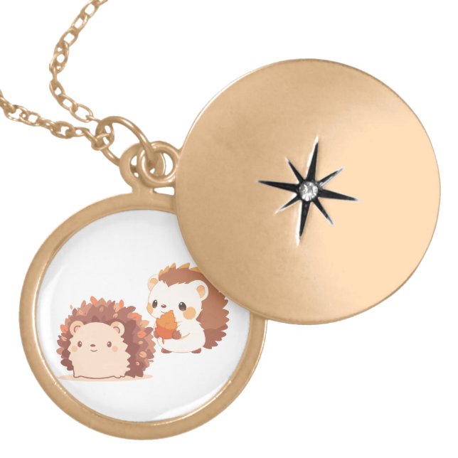 Cute Autumn Hedgehogs – Kawaii Fall Forest Animals Gold Plated Necklace (Front)