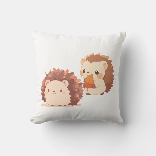 Cute Autumn Hedgehogs – Kawaii Fall Forest Animals Throw Pillow (Front)