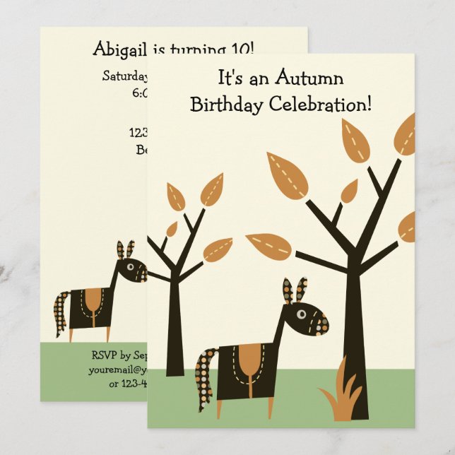 Cute Autumn Horse Birthday Invitation (Front/Back)