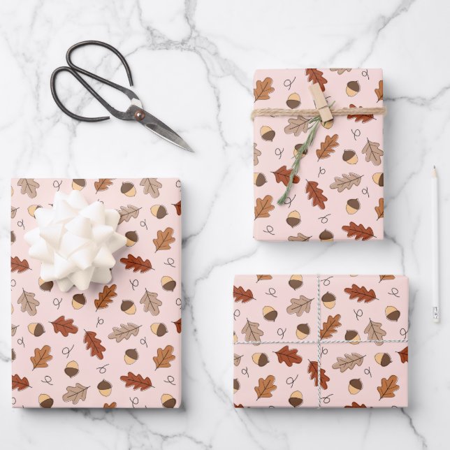 Cute Autumn Leaves & Nuts Pattern Wrapping Paper Sheets (Front)