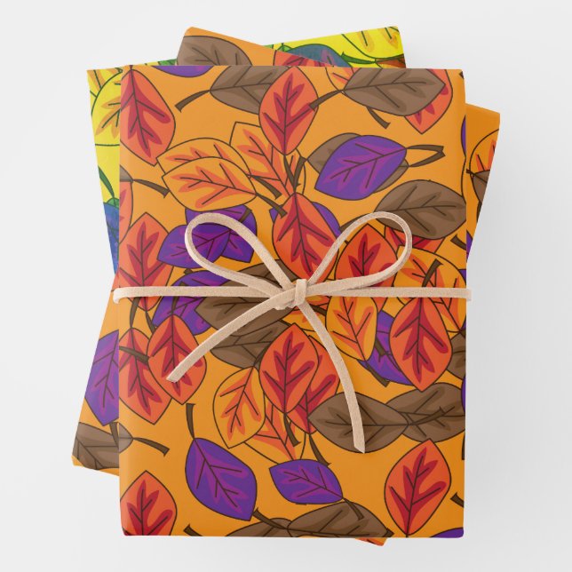 Cute Autumn Leaves Pattern Yellow Wrapping Paper Sheets (In situ)