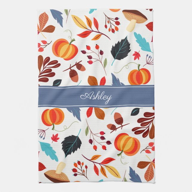Cute Autumn Leaves Pumpkin Pattern & Your Name Kitchen Towel (Vertical)