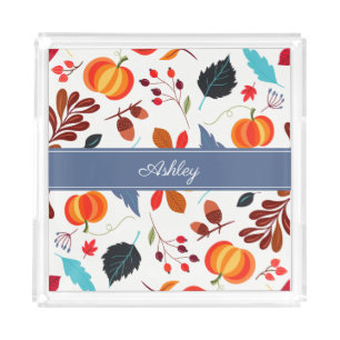 Cute Autumn Leaves Pumpkin Pattern & Your Name On Acrylic Tray