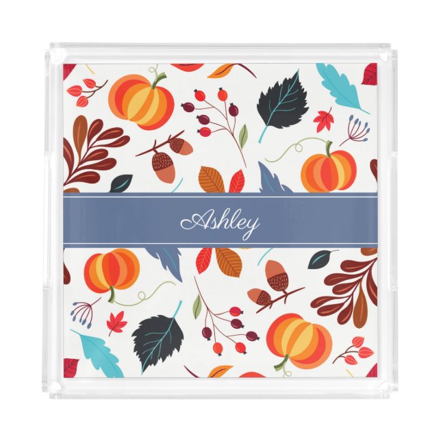 Cute Autumn Leaves Pumpkin Pattern & Your Name On Acrylic Tray (Front)