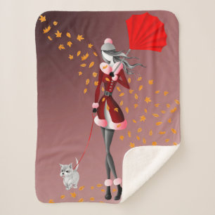 Cute Autumn Leaves Winter Dog Walk Red Sherpa Blanket