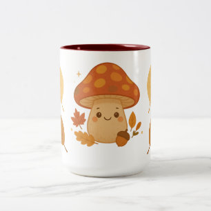 Cute Autumn Mushroom on Cozy Foliage Two-Tone Coffee Mug