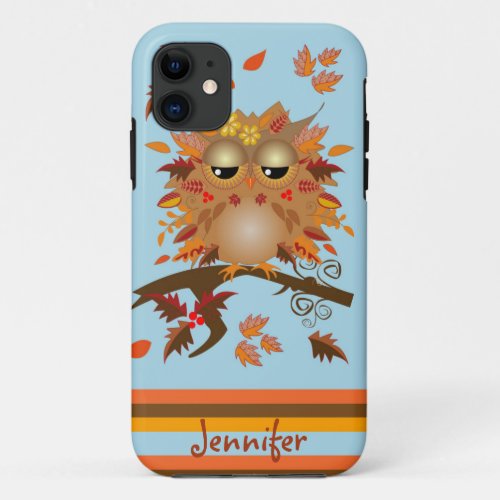 Cute Autumn owl and custom Name iPhone 11 Case