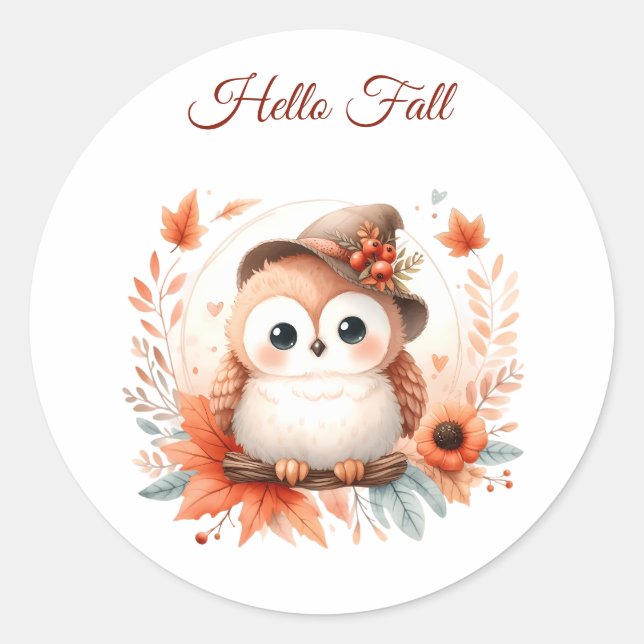 Cute Autumn Owl Sitting on a Branch Classic Round Sticker (Front)
