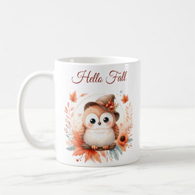 Cute Autumn Owl Sitting on a Branch Coffee Mug (Left)