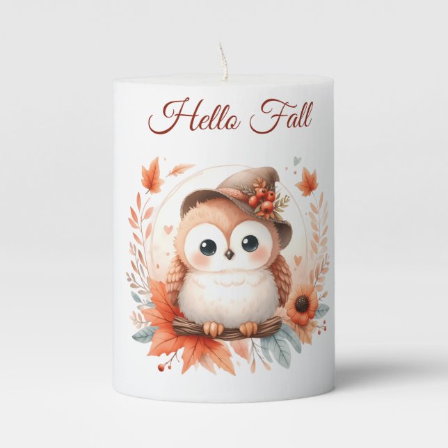 Cute Autumn Owl Sitting on a Branch Pillar Candle (Front)
