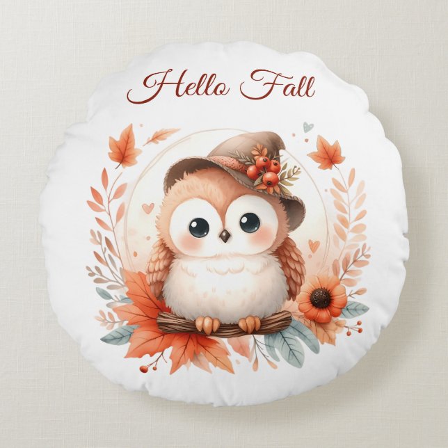 Cute Autumn Owl Sitting on a Branch Round Pillow (Front)
