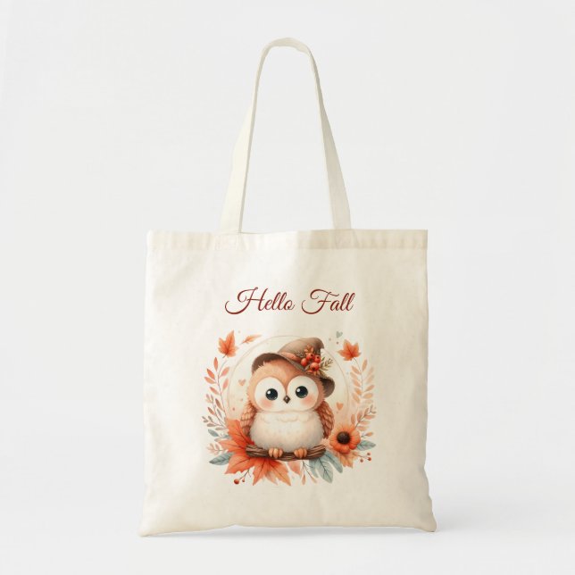 Cute Autumn Owl Sitting on a Branch Tote Bag (Front)