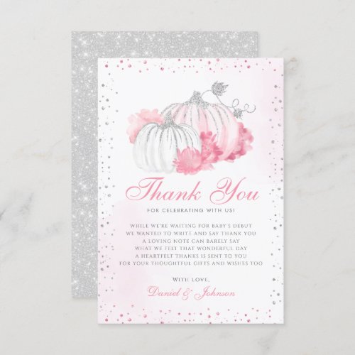 Cute Autumn Pink Pumpkin Fall Floral Baby Shower Thank You Card