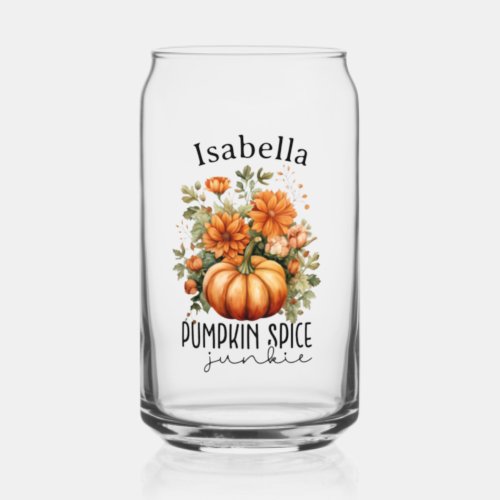 Cute Autumn Pumpkin Spice Junkie Add Your Name Can Glass