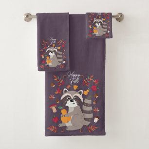 Cute autumn raccoon with custom text bath towel set
