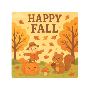Cute autumn scene with pumpkin and squirrel metal print