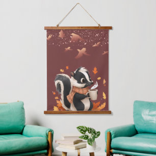 Cute Autumn Skunk with Coffee Wall Tapestry - Cozy